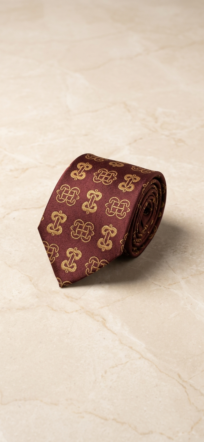 Rolled ODEHYE Burgundy Heritage Tie with subtle woven gold Adinkra symbols