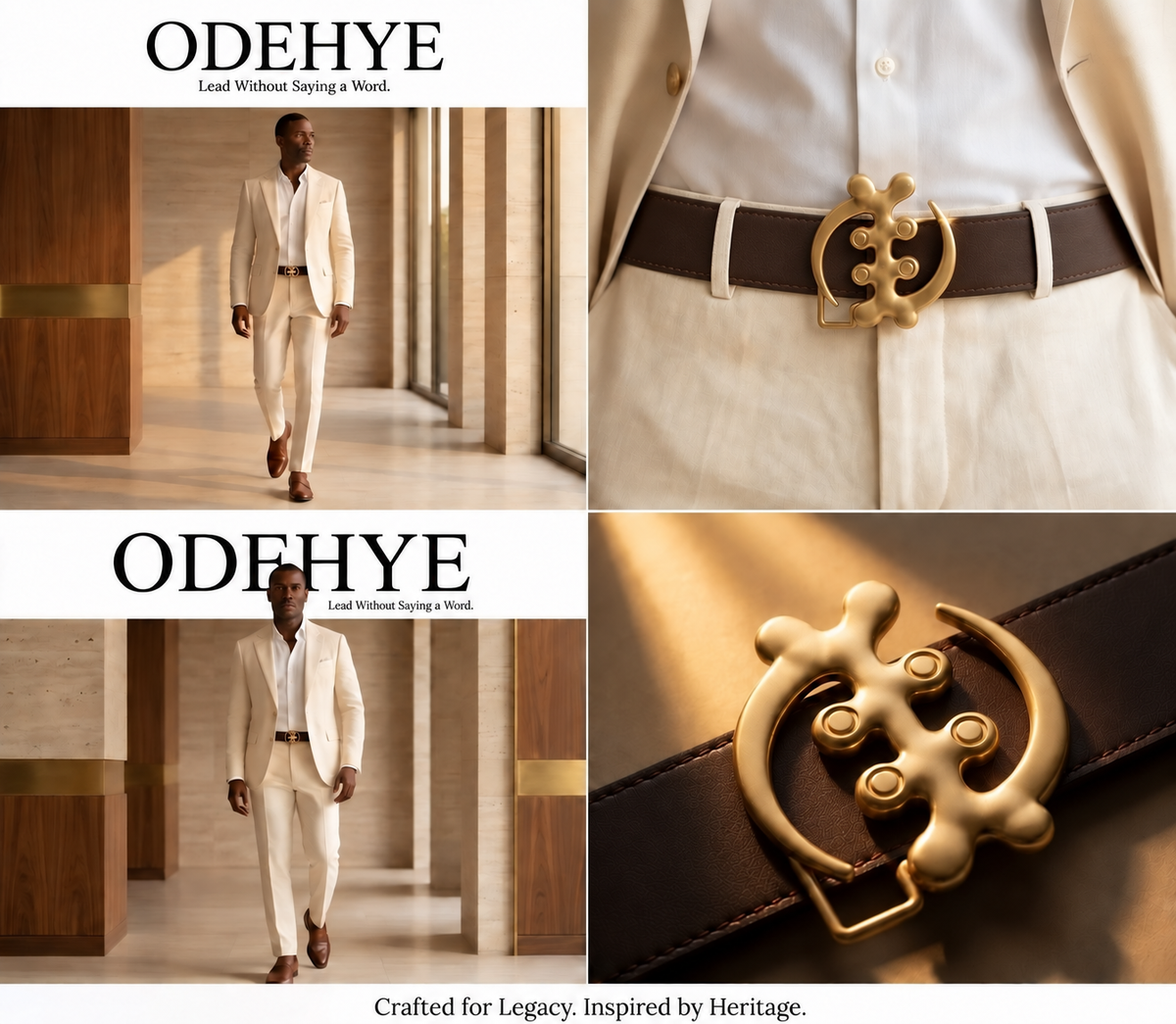 ODEHYE Gye Nyame Royal Leather Belt lifestyle collage with full smooth leather belt