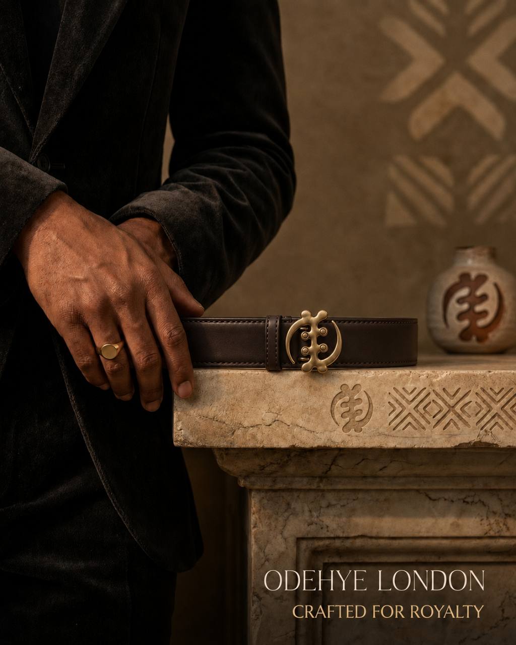 ODEHYE Gye Nyame Royal Leather Belt styled in a luxury heritage setting