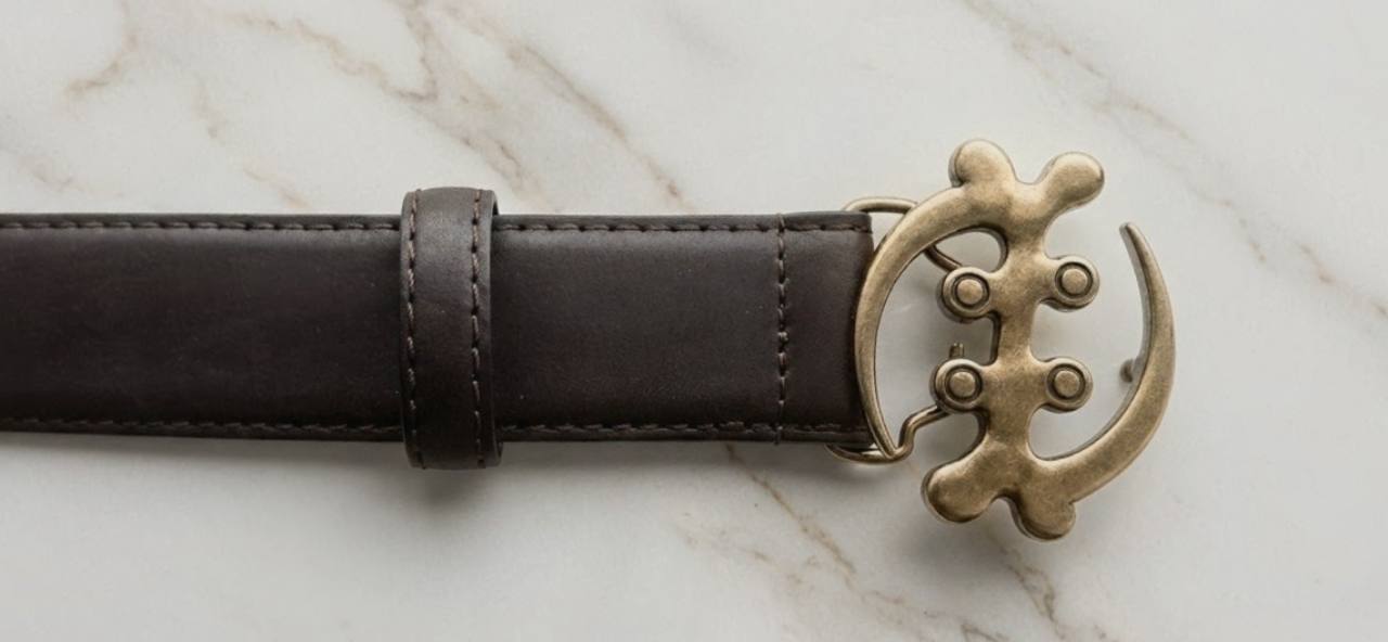 Gye Nyame Royal Leather Belt in dark brown leather with antique brass buckle
