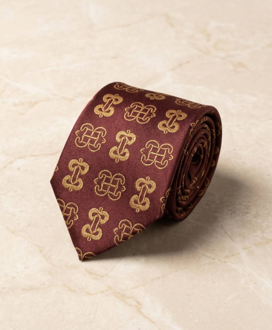 ODEHYE Burgundy Heritage Tie rolled on warm stone, showing aligned gold Adinkra symbols