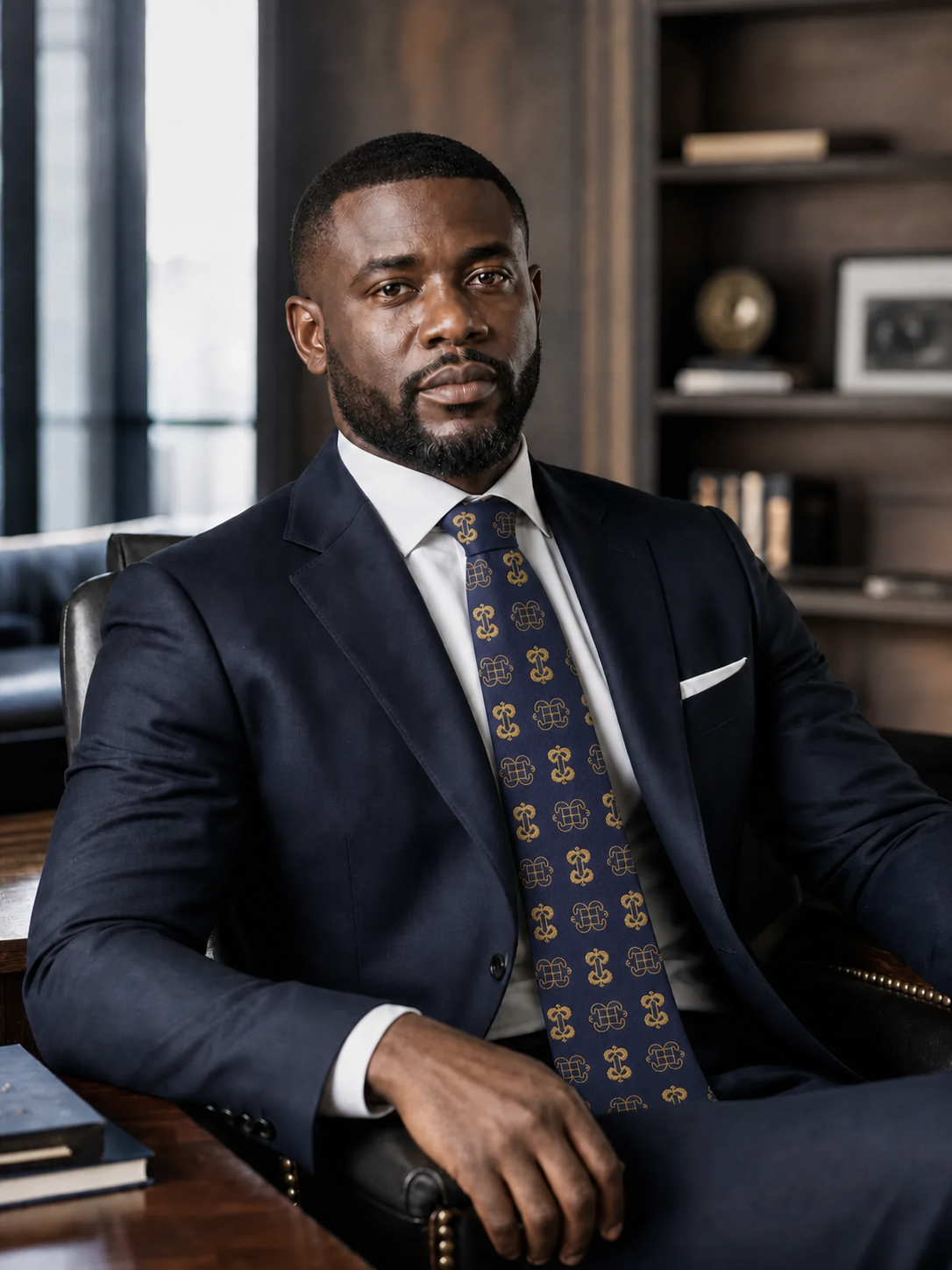 ODEHYE Navy Heritage Tie styled with a tailored navy suit in an executive interior