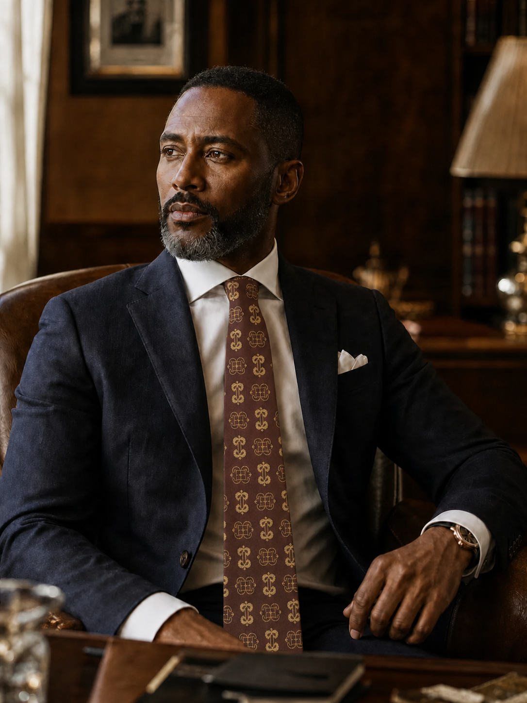 ODEHYE Burgundy Heritage Tie styled with navy tailoring in a private study